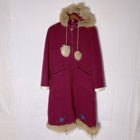 Vintage Kelsey Trail Burgundy Wool Embroidered Zip Front Parka W Fur Trim M - Picture 16 of 16